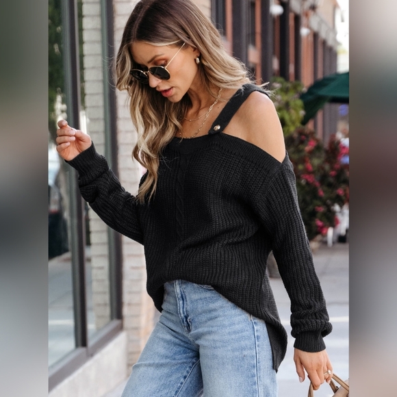 Cupshe Sweaters - Cupshe Ribbed Open-Shoulder Sweater- In Onyx